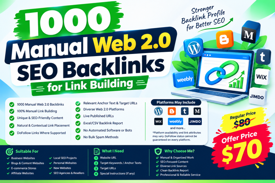 1000 Manual Web 2.0 SEO Backlinks for Link Building
