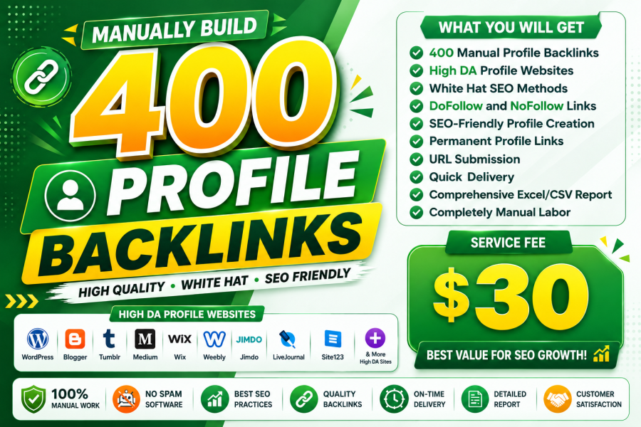 For SEO and website authority, I will create 400 high-quality manual profile backlinks.