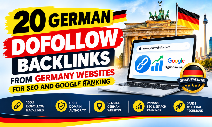 You will get 20 German dofollow backlinks from Germany websites for SEO and Google ranking