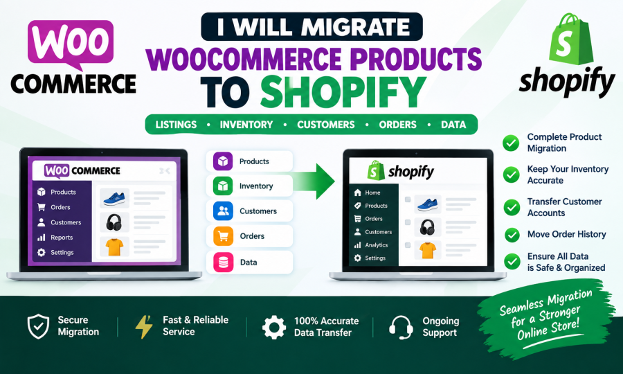 I will migrate woocommerce products to shopify listings inventory customers orders data