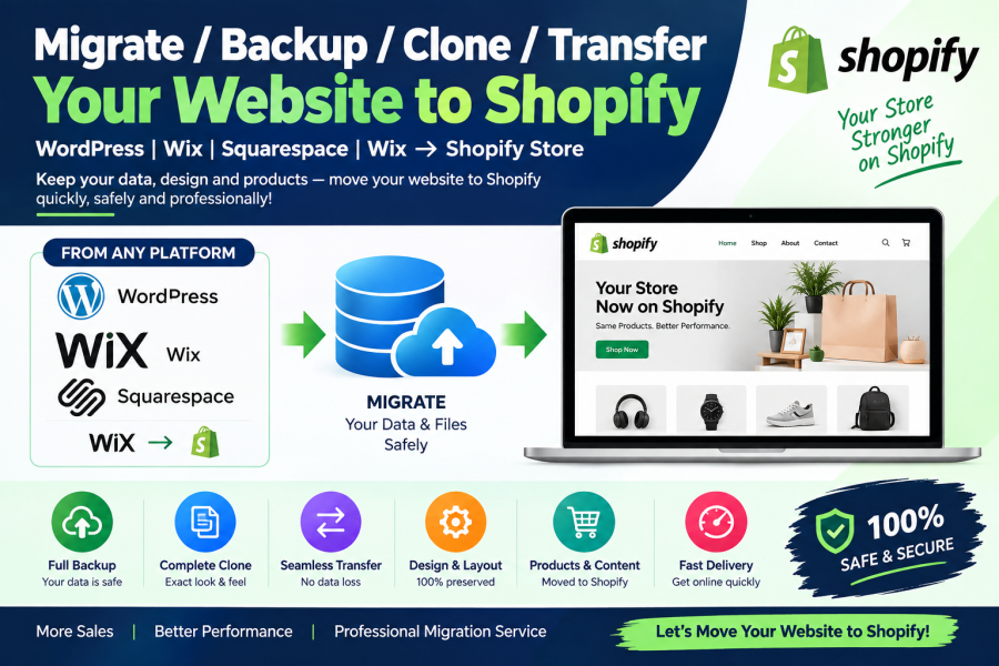 Migrate backup clone transfer migration wordpress sqaurespace wix website to shopify store