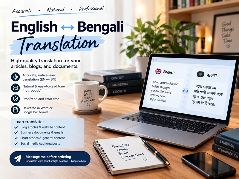 I will translate your articles and documents between English and Bengali