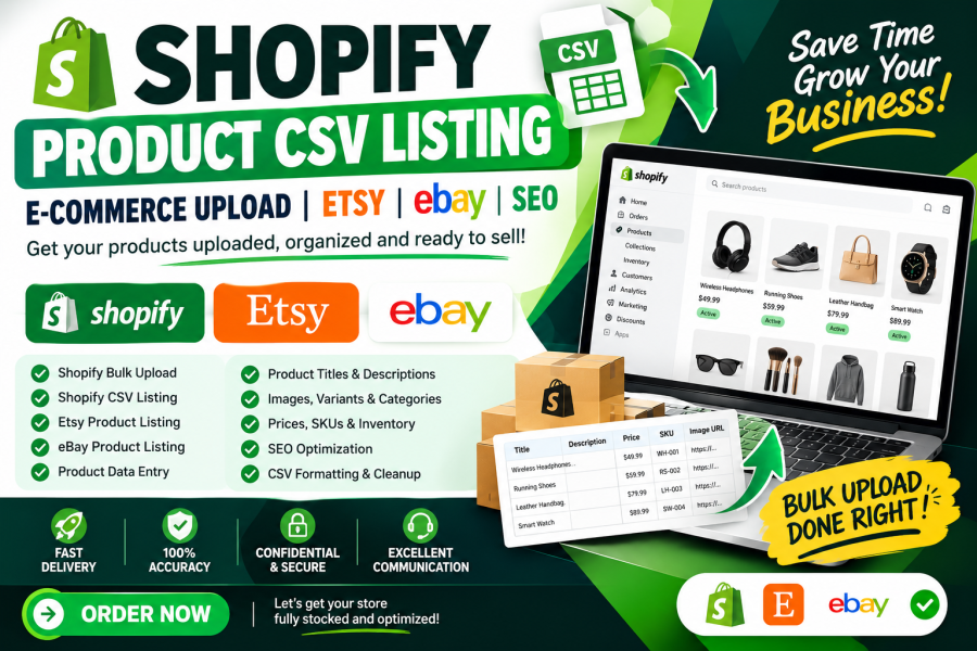 I will do Shopify product CSV listing bulk ecommerce upload Etsy eBay SEO
