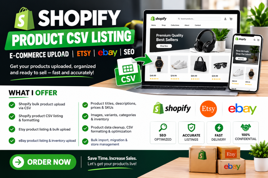 I will do Shopify product CSV listing bulk ecommerce upload Etsy eBay SEO
