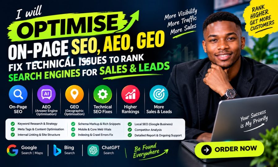 I will optimize on page SEO, AEO, GEO fix technical issues to rank search engines for sales and lead