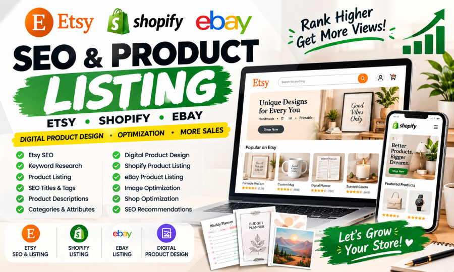 I will do shopify etsy ebay digital product design etsy SEO and etsy product listing