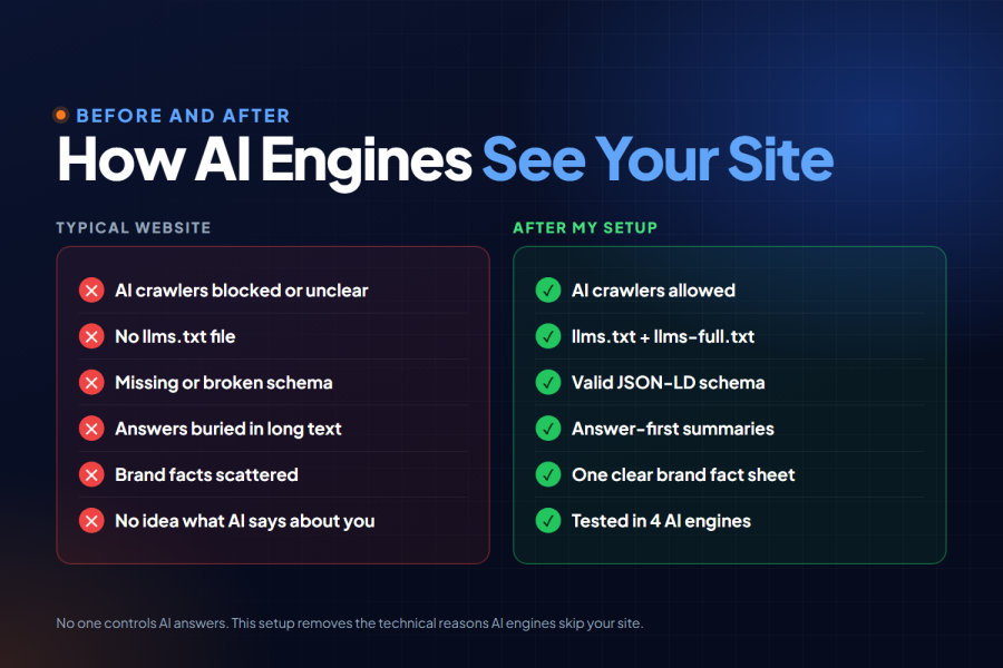 AI SEO Setup for ChatGPT, Gemini and Perplexity - llms.txt, Schema, Audit