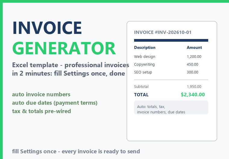 I will create a professional invoice template in Excel with automatic calculations