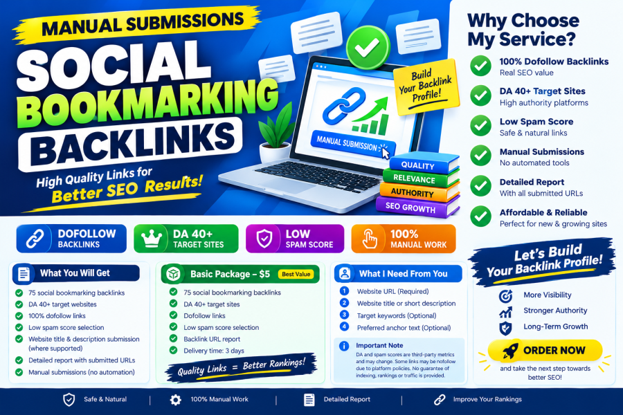 Create 75 Dofollow Social Bookmarking Backlinks on DA 40+ Sites