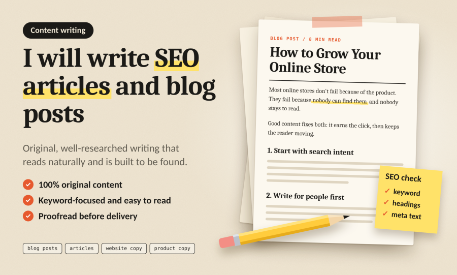 I will write SEO articles and blog posts that ranks top.