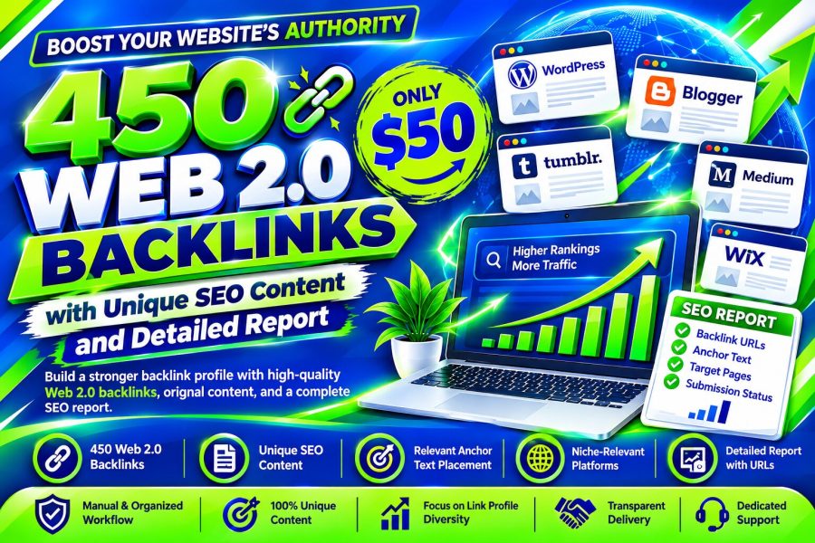 I will create 450 manual Web 2.0 backlinks with a detailed SEO report.