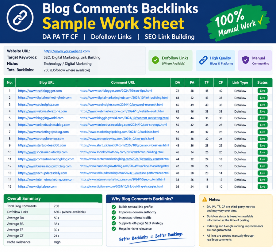 I Will Provide 750 Powerful Dofollow Blog comments Backlinks DA PA TF CF Link