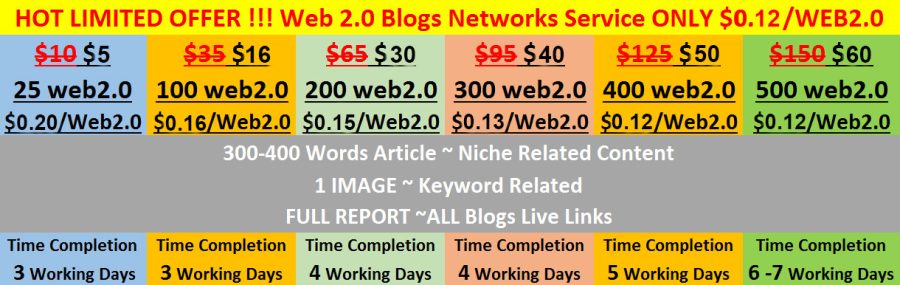 Spacial Offer Manually create Web 2.0 Blogs Networks Service ONLY $0.12 / web 2.0