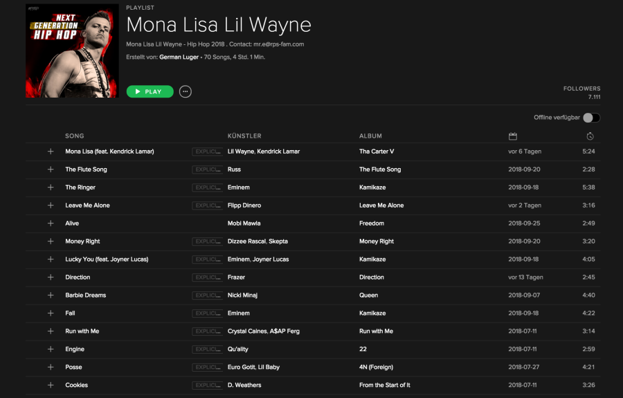 I add your Hip Hop / RnB song to my playlist with over 15k f0llowers