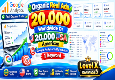 Organic Real Ads 20000 Worldwide Or 20000 USA American Google Analytics Traffic Websites 1 Keyword