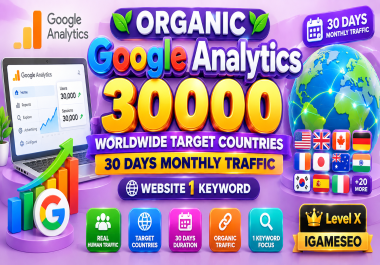 Organic Google Analytics 30000 Worldwide Target Countries 30 Days Monthly Traffic Website 1 Keyword
