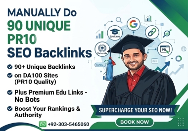 MANUALLY Do 90 UNIQUE High DA100 SEO Backlinks + Premium. EDU Links
