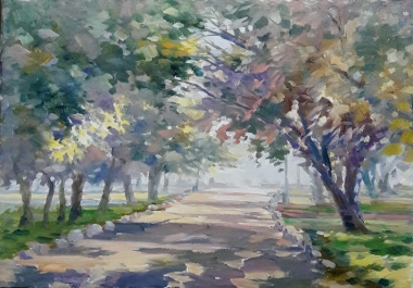 Print of Tree with flowers painting in oil