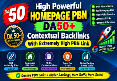Do 50 high Powerful Homepage PBN DA50+ contextual backlinks with extremely high PBN Link