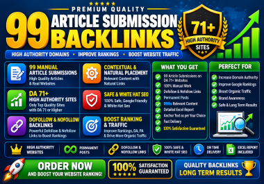 I will do 99 Article submission backlinks DA 71+ seo link building off page