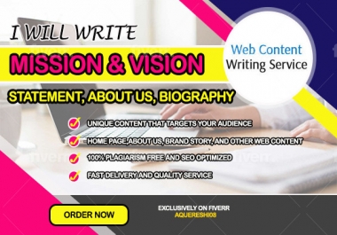 I will write a compelling mission and vision statement,  About Us,  Brand Story,  Bio