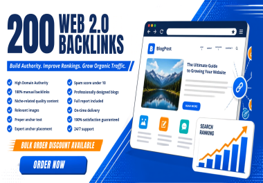 I will create 200 WEB 2.0 Backlinks on High Quality Sites For Your Website within 48 hours
