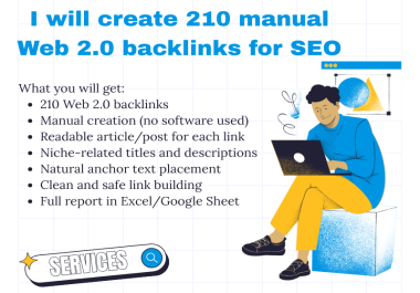 I will create 210 manual Web 2.0 backlinks for SEO