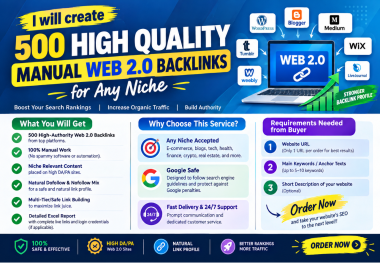 I will create 500 high quality manual web 2.0 backlinks for any niche