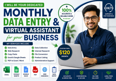 I will be your monthly data entry and virtual assistant