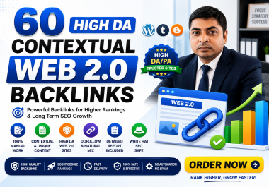I will create manual 60 high DA contextual Web 2.0 backlinks for SEO