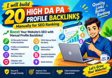 I will build 20 high DA PA profile backlinks manually for SEO