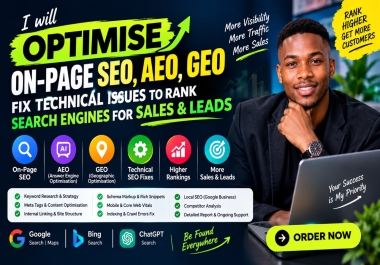 I will optimize on page SEO,  AEO,  GEO fix technical issues to rank search engines for sales and lead
