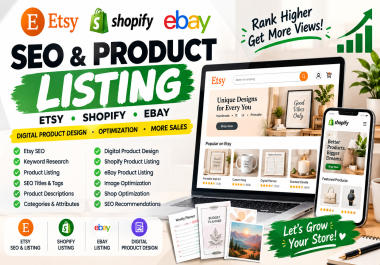 I will do shopify etsy ebay digital product design etsy SEO and etsy product listing
