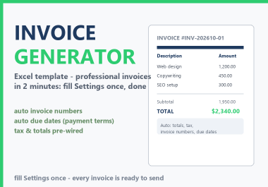 I will create a professional invoice template in Excel with automatic calculations