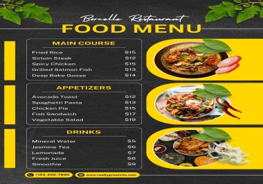 I will design a professional restaurant menu card or food flyer