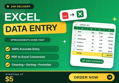 Fast Accurate Excel Data Entry - Spreadsheets,  PDF to Excel,  Done in 24H