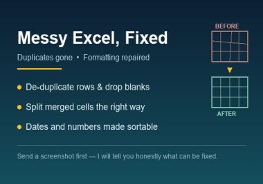 I will clean your messy Excel file,  remove duplicates and fix formatting